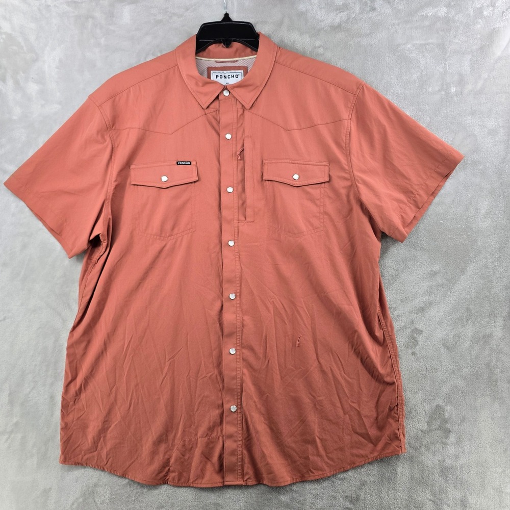 Poncho Shirt Mens XXL Slim Fit Salmon Pink Short Sleeve Pearl Snap Western Hole